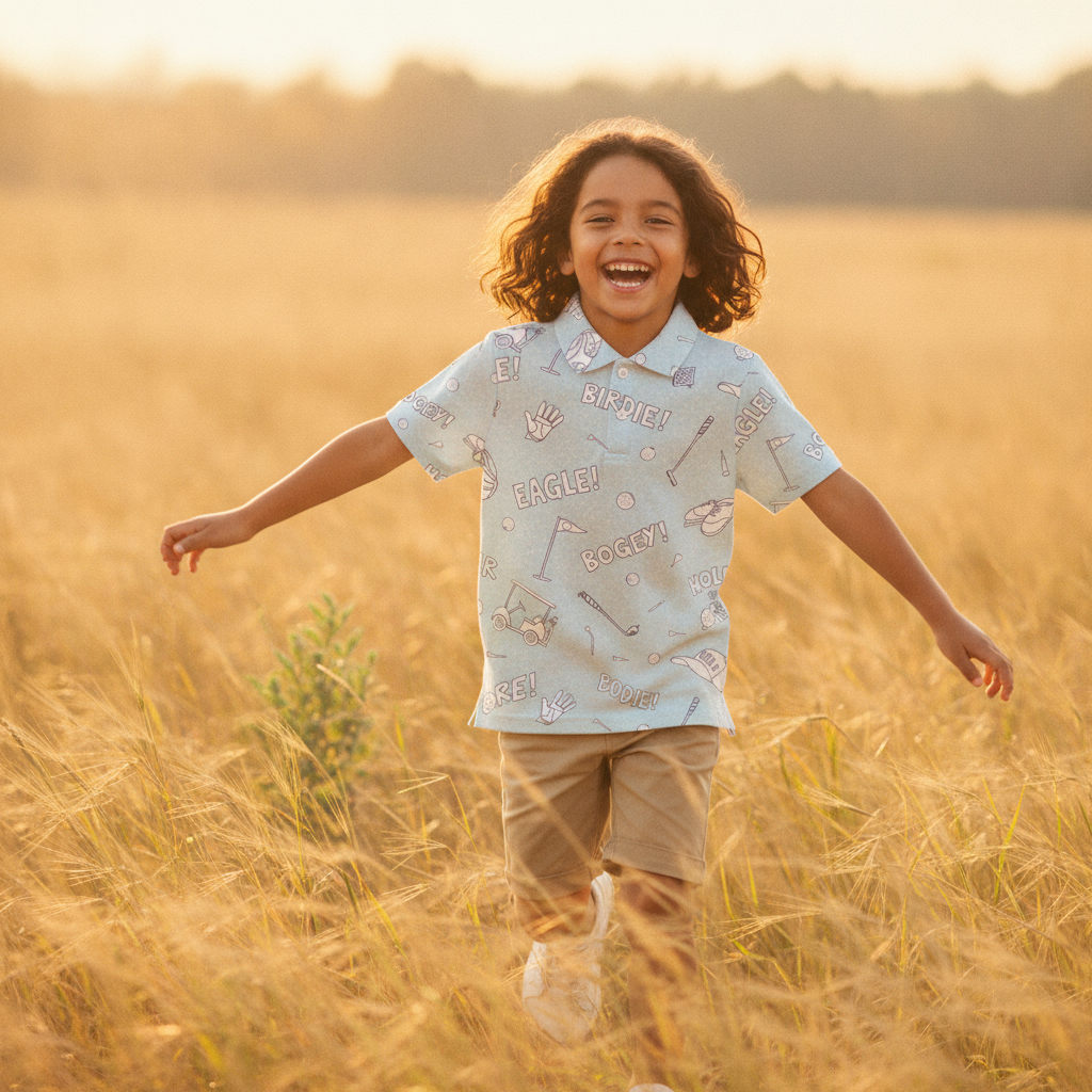 A diverse child, around 7 years old, laughs while running through a sunlit field, wearing a Golfino Polo shirt.