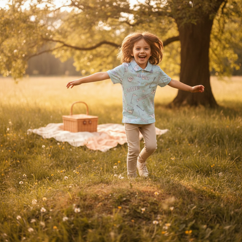 A happy child, 6-8 years old, wearing the Golfino Polo shirt, playing outdoors in a park or backyard, smiling candidly.