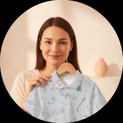 Smiling woman, appearing to be a mother, in a circular portrait. Background is clean and softly blurred. She looks warm and a
