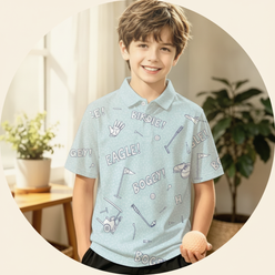 Circular portrait of a smiling young boy, Julian, wearing a light blue Golfino Polo. The background is a warm cream.