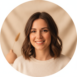 Circular portrait of Sophie Miller, a woman with a gentle smile, against a soft cream background.