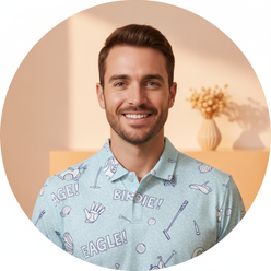 Circular portrait of a smiling man, Leo's Daily, wearing a Golfino Polo shirt against a clean, warm-toned background.