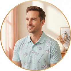 Portrait of Oliver Quinn, a thoughtful parent, smiling gently against a soft cream background.