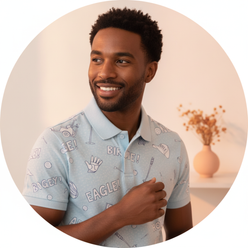 Circular portrait of a thoughtful, smiling parent, likely a father, against a soft, warm cream background, embodying modern p