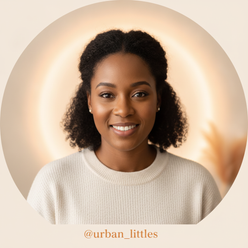 A circular portrait of a smiling, thoughtful diverse parent, representing Little Urbanites, against a soft cream background.