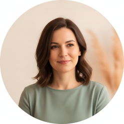 Circular portrait of Graceful Parenting, a woman with a warm smile, against a soft cream background.