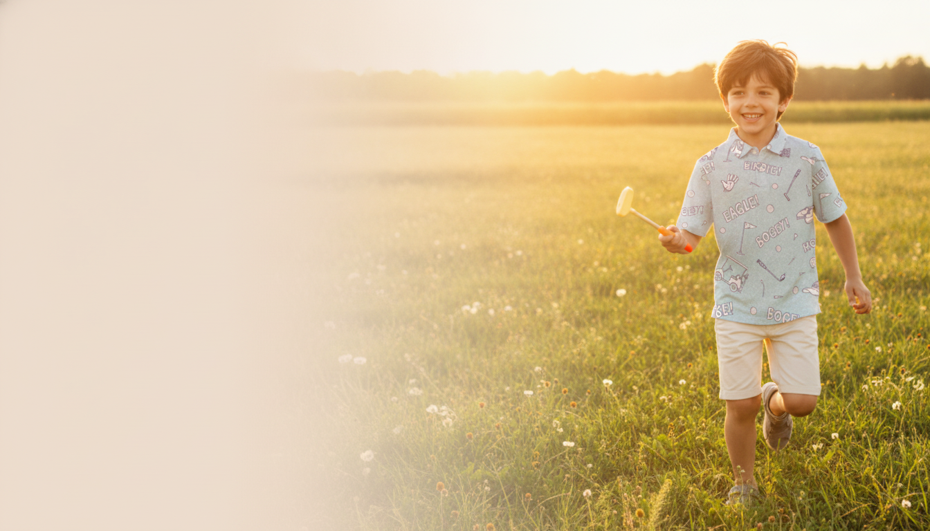 A joyful child wearing a Golfino Polo shirt, playing outdoors in a sun-drenched, grassy field.
