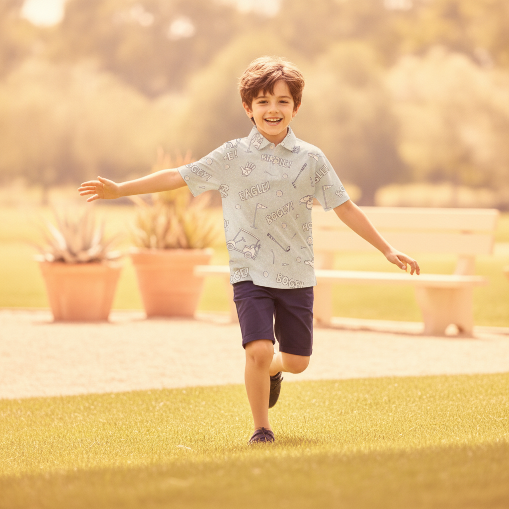 A diverse child, 6-8 years old, happily plays outdoors in a park, wearing a Golfino Polo. The child smiles while running, wit