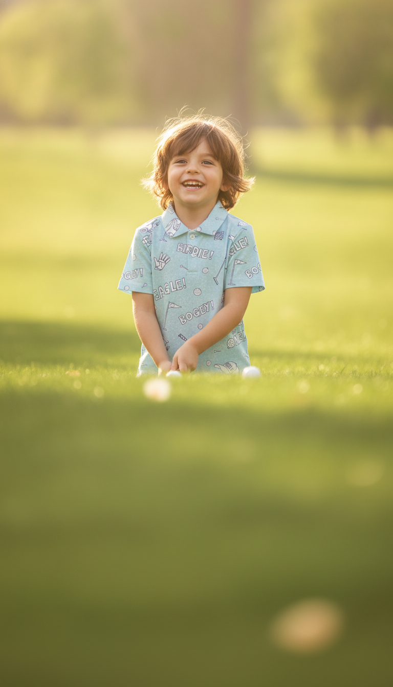 A happy child wearing a Golfino Polo shirt, centered in a sunlit outdoor field, with a calm, out-of-focus lower background.
