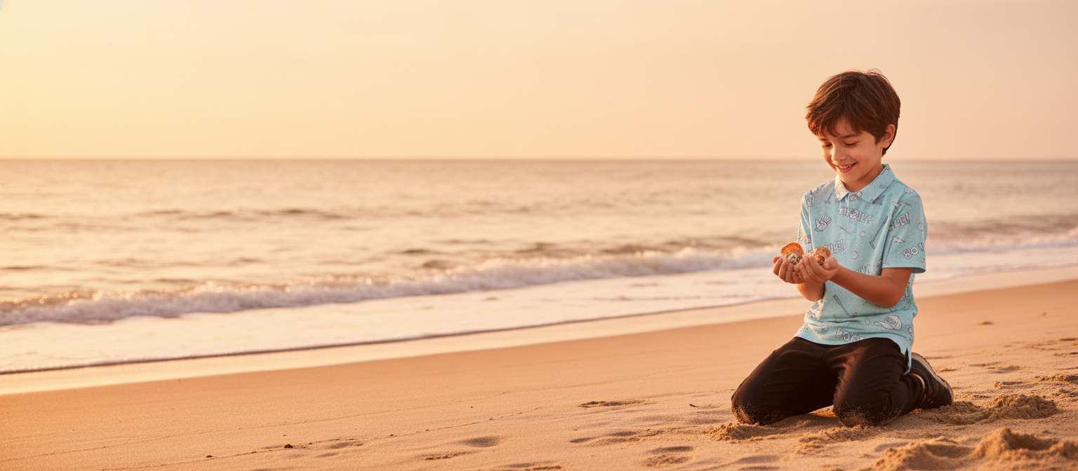 A child in a Golfino polo shirt plays on a sun-drenched beach at sunset, with soft waves in the background.