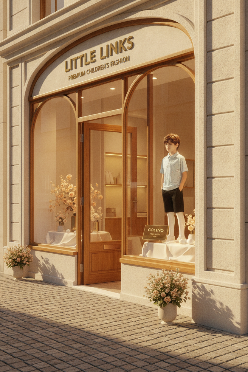Exterior view of a premium children's fashion boutique, sunlit with warm amber tones, subtly displaying a Golfino Polo in the