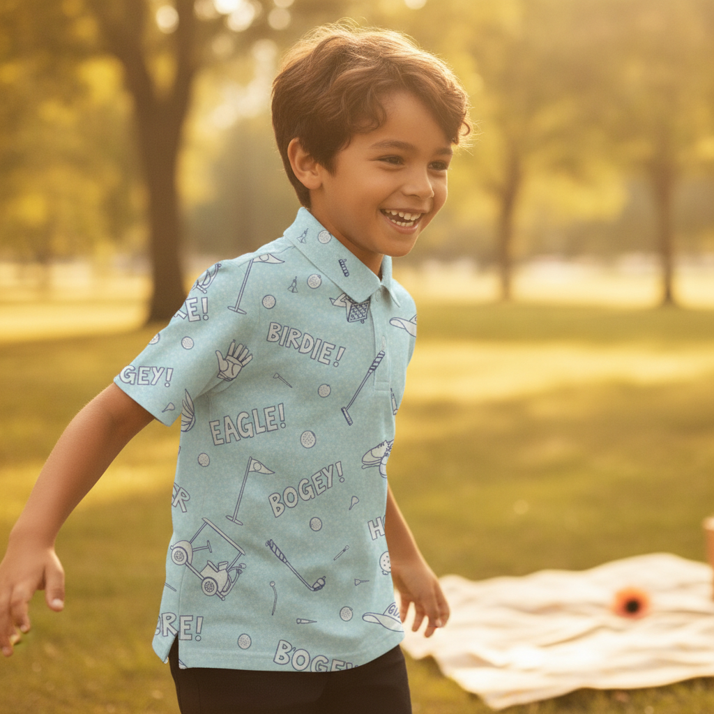A child in a Golfino polo shirt plays happily in a sunny park.