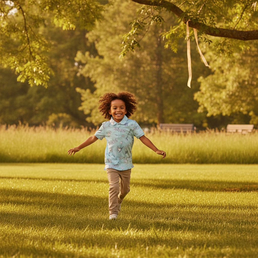 A child, 6-8 years old, wearing a Golfino Polo, running and smiling in a sun-dappled park, with blurred green trees in the ba