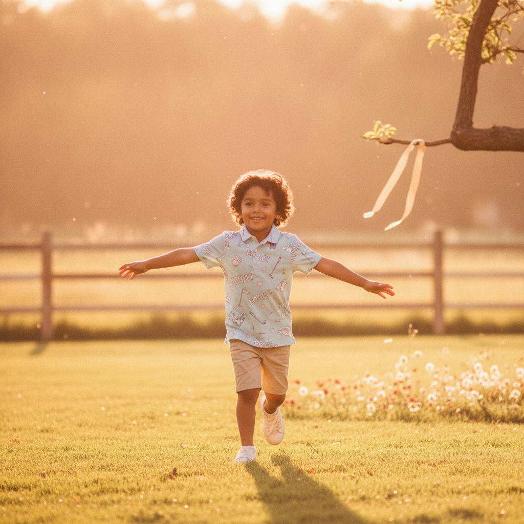 A happy child, around 6-8 years old, plays outdoors in a park while wearing the Golfino Polo. The child is smiling and active