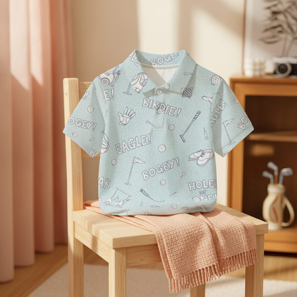 Close-up of a Golfino Polo shirt, showing durable French seams and reinforced buttons, draped over a wooden chair in a sunlit