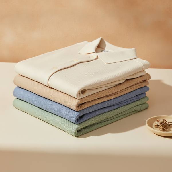 Close-up flat lay of folded Golfino polos in ivory, warm beige, dusty blue, and sage green on a light cream surface.