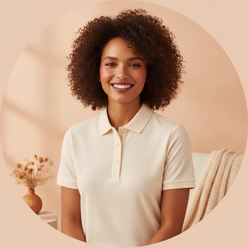 Portrait of a smiling mother with soft makeup, wearing a comfortable top, against a clean, warm background.